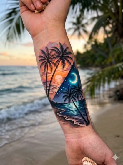 Palm Tree Sunset Tattoo With Moonlight Blend