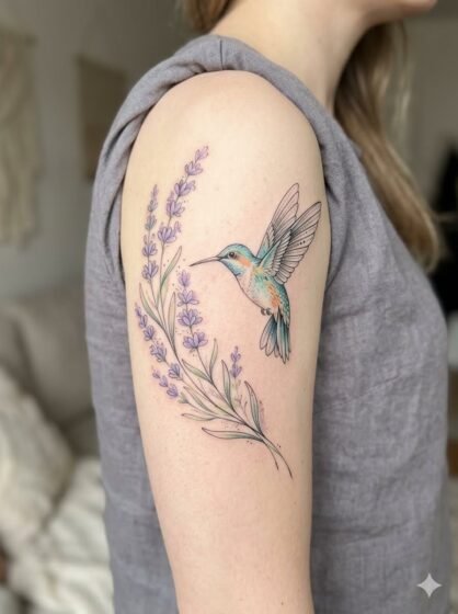Hummingbird With Lavender Tattoo