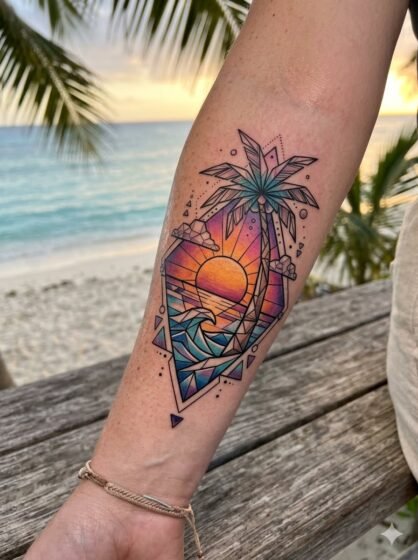 Geometric Palm Tree Sunset Tattoo