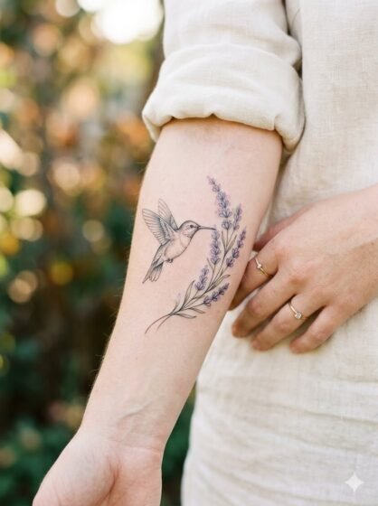 Hummingbird With Lavender Tattoo
