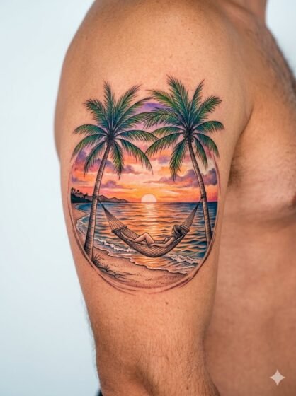 Palm Tree Sunset Tattoo With Hammock Scene