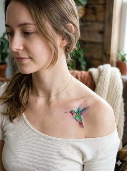 Tiny Colorful Hummingbird Collarbone Tattoo