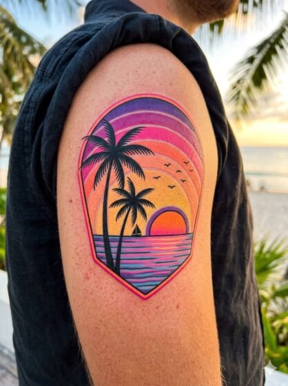 Retro 80s Palm Tree Sunset Tattoo