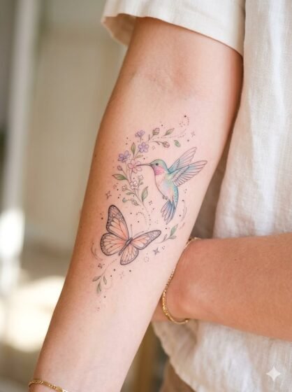 Dainty Hummingbird and Butterfly Tattoo
