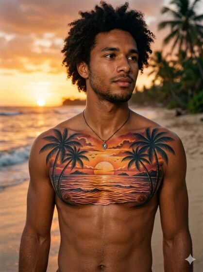 Palm Tree Sunset Chest Tattoo