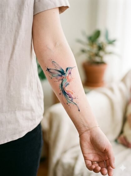 Abstract Hummingbird Brushstroke Tattoo