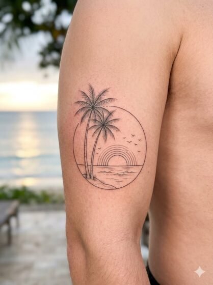 Fine Line Palm Tree Sunset Tattoo