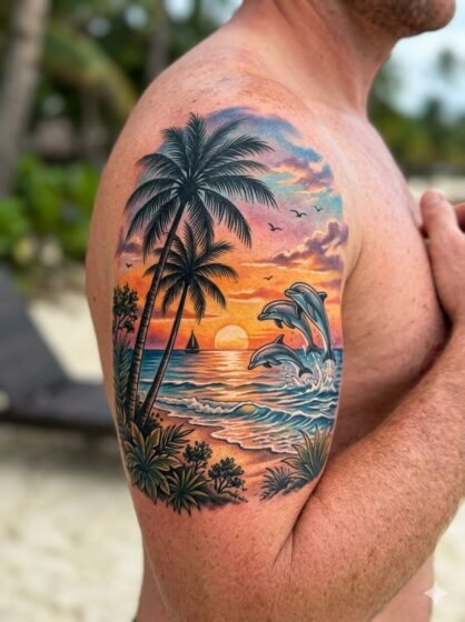 Palm Tree Sunset Tattoo With Dolphins