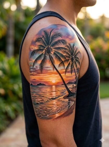 Realistic Tropical Beach Sunset Tattoo