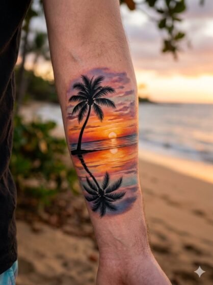 Palm Tree Sunset Tattoo With Reflection Effect