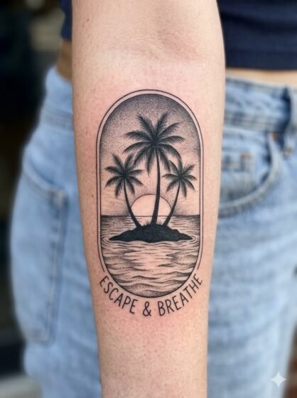 Tropical Island Palm Tree Sunset Tattoo