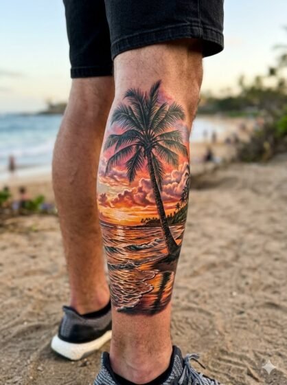 Hyper-Realistic Palm Tree Sunset Leg Tattoo
