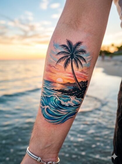 Palm Tree Sunset Tattoo With Ocean Waves