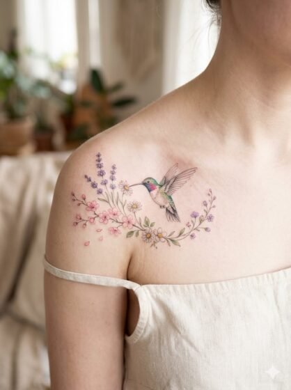 Dainty Hummingbird and Wildflower Tattoo