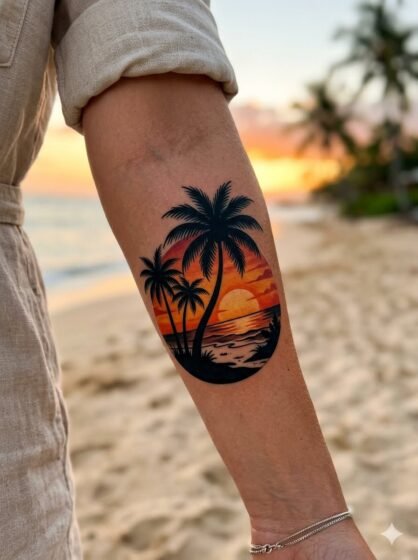 Black Silhouette Palm Tree Sunset Tattoo