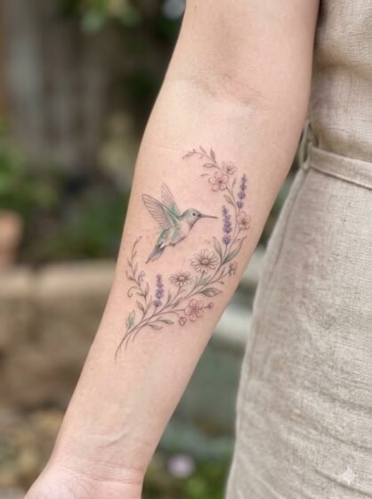 Dainty Hummingbird and Wildflower Tattoo