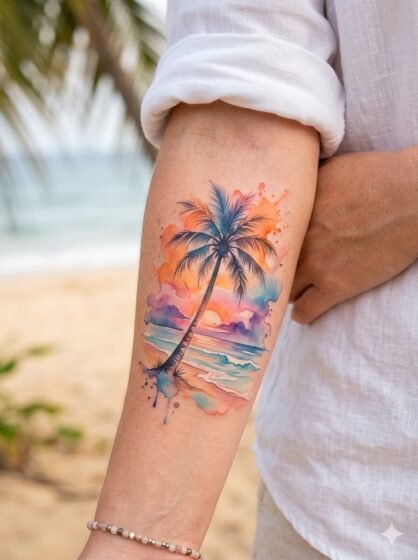 Watercolor Palm Tree Sunset Tattoo
