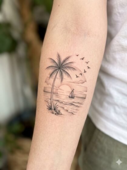 Palm Tree Sunset Tattoo With Flying Birds