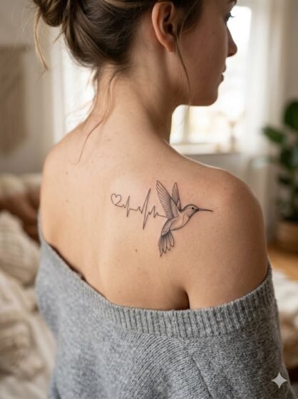 Hummingbird With Heartbeat Line Tattoo