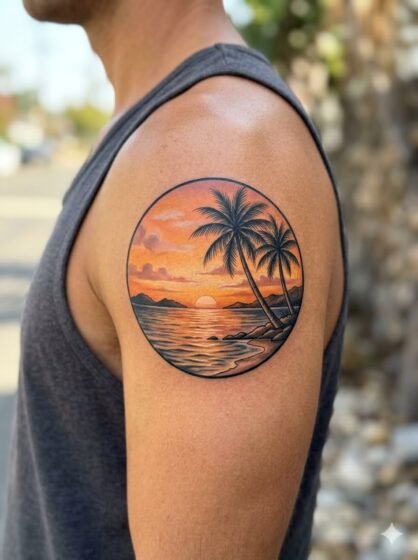 Circular Palm Tree Sunset Scene Tattoo