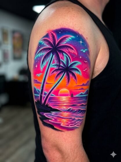 Neon Palm Tree Sunset Tattoo