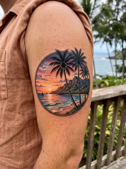 Palm Tree Sunset Tattoo With Mountain Background