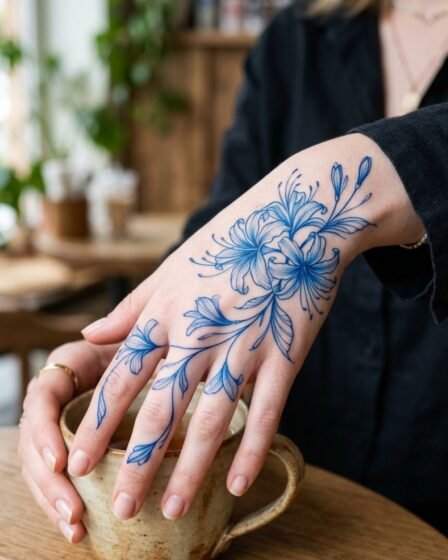 Blue Spider Lily Hand Tattoo