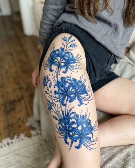 Blue Spider Lily Thigh Tattoo