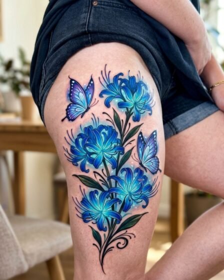 Blue Spider Lily and Butterfly Tattoo