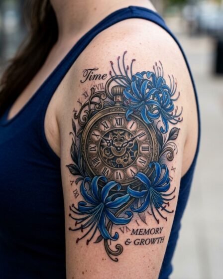 Blue Spider Lily and Clock Tattoo