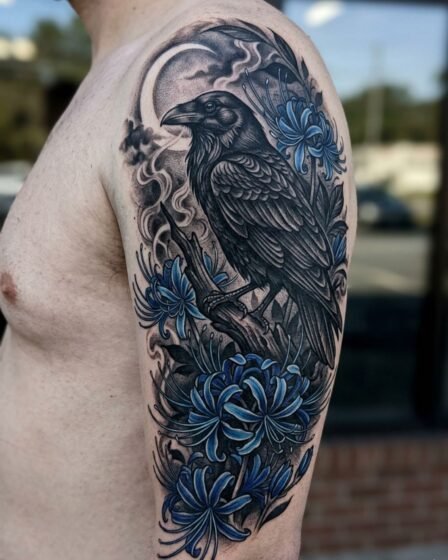 Blue Spider Lily and Raven Tattoo