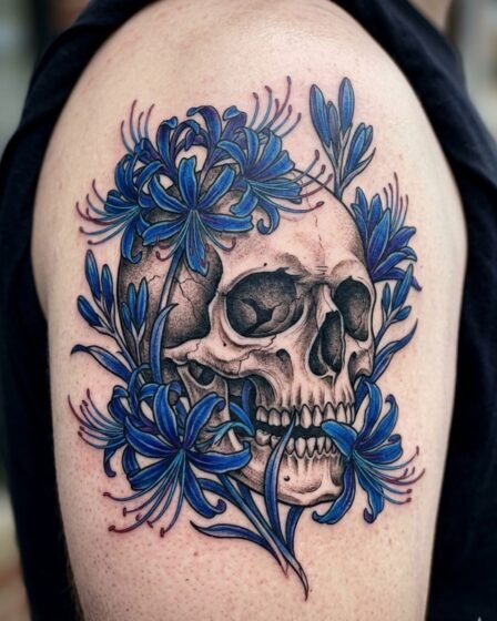 Blue Spider Lily and Skull Tattoo