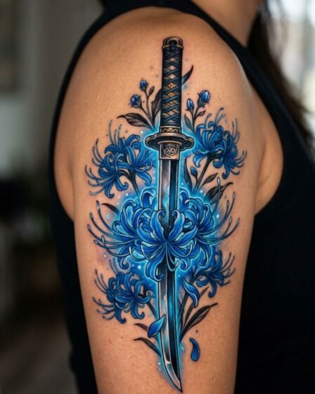 Blue Spider Lily and Sword Tattoo