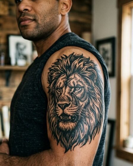 Fierce Woodcut Lion Portrait