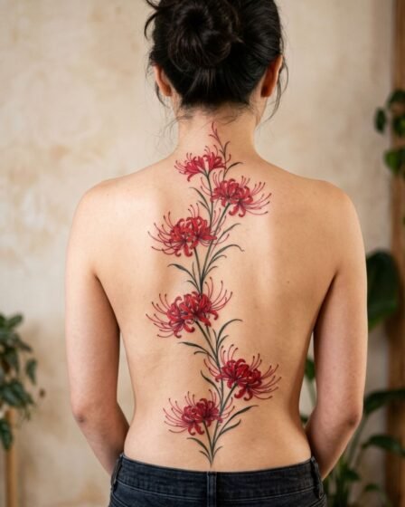 Flowing Red Spider Lily Spine Tattoo