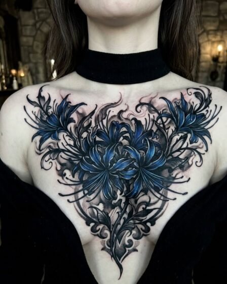 Gothic Blue Spider Lily Chest Tattoo