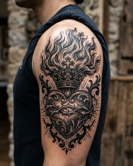 Sacred Heart with Engraved Flames
