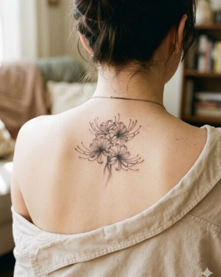 Small Cluster Spider Lily Upper Back Tattoo