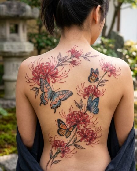 Spider Lily and Butterfly Back Tattoo