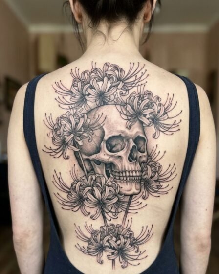 Spider Lily and Skull Back Tatto
