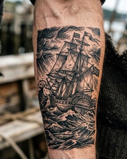 Vintage Ship in Stormy Seas