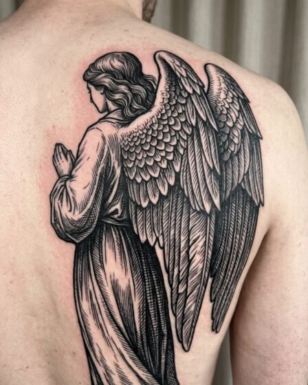 Woodcut Angel with Detailed Wings