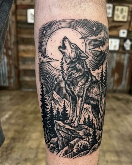 Woodcut Wolf Howling at the Moon