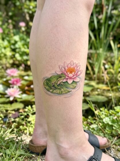 Frog Sitting on a Lily Pad in Bloom