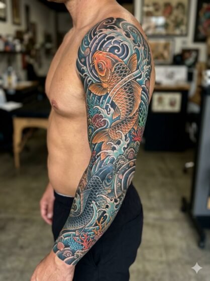 Koi and Ocean Fusion Tattoo