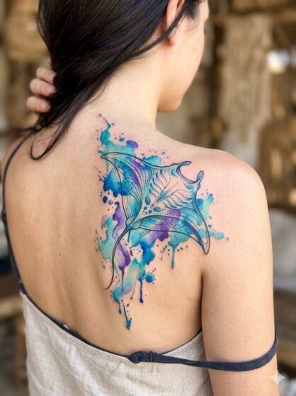 Manta Ray Watercolor Tattoo