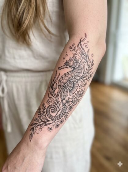 Seahorse Botanical Tattoo