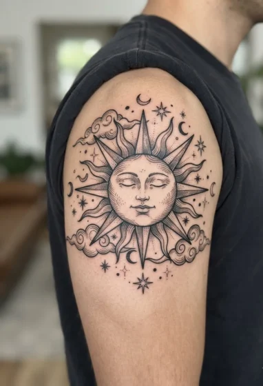 Celestial Sun With Face and Stars