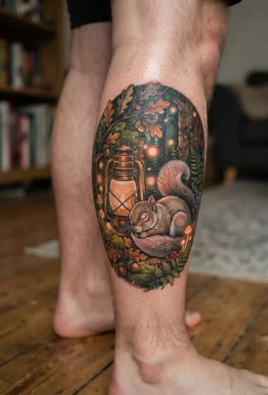 Squirrel Sitting Beside a Vintage Lantern