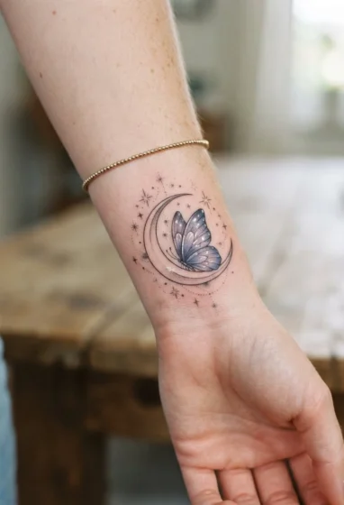 A Crescent Moon Cradling a Resting Butterfly